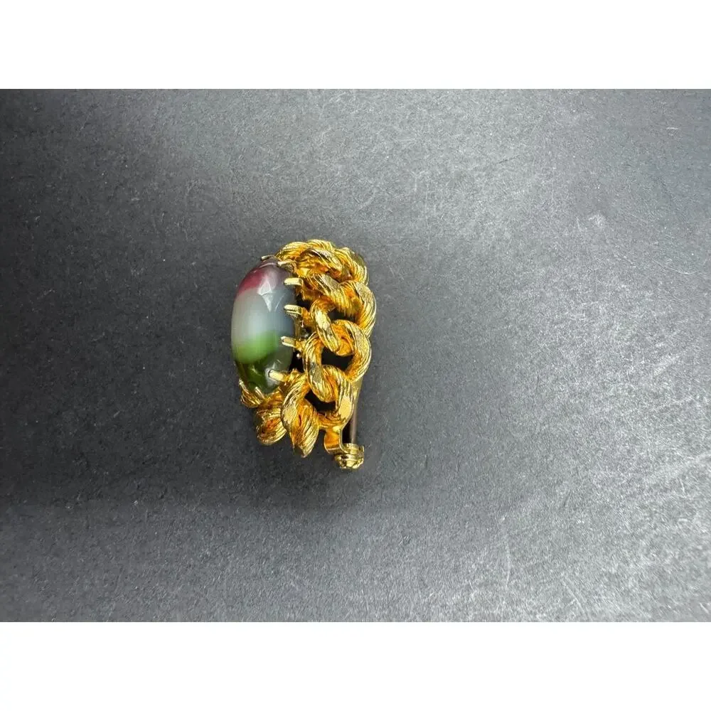 Vintage Striped Pink Blue Yellow Porphyry Art Glass Oval Gold Tone Brooch Pin